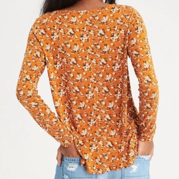 American Eagle AEO Soft & Sexy Slub Golden Yellow Floral Button Down Long Sleeve - Picture 2 of 5